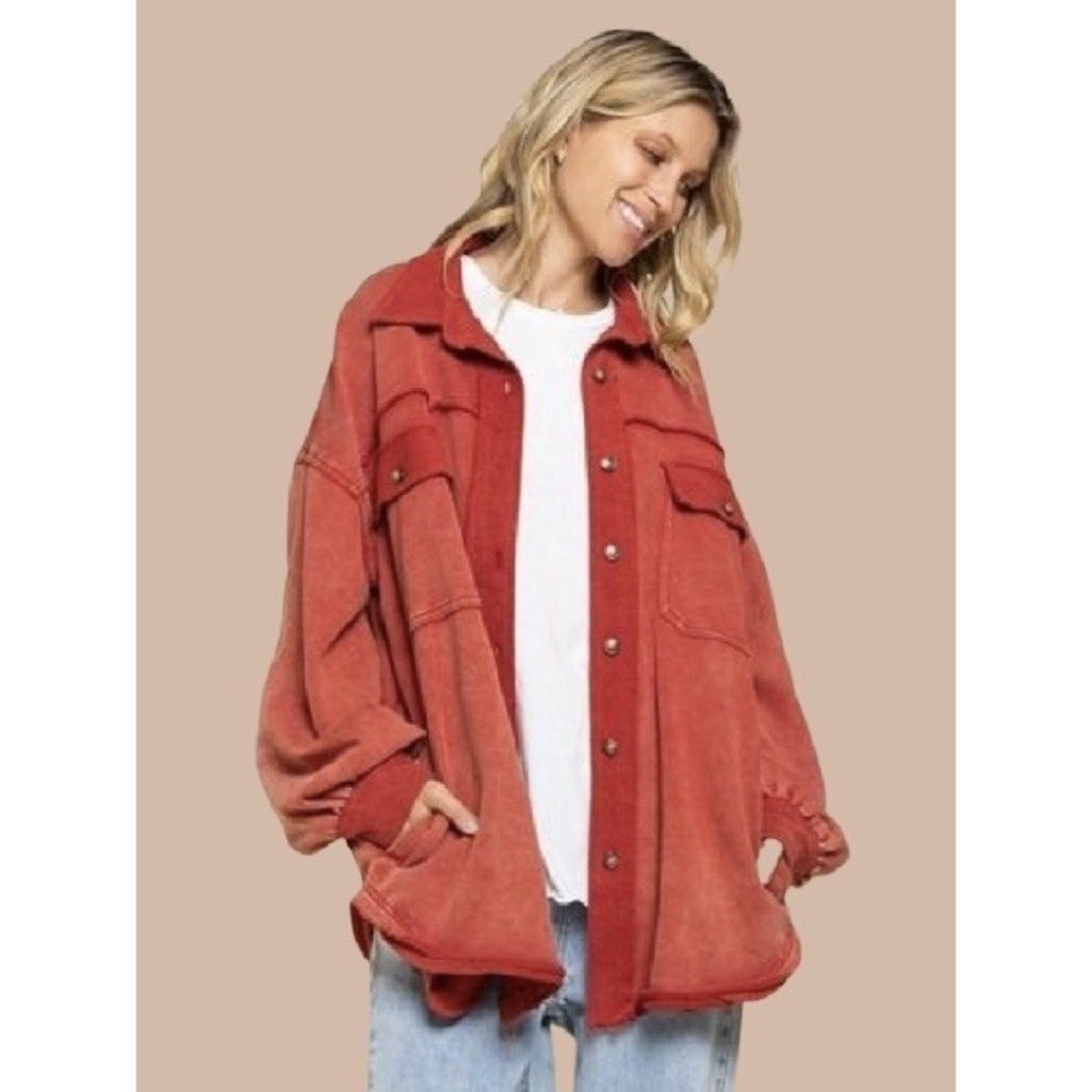 POL Terry‎ Shacket Oversized Sz M Button Shirt Jacket Boho Relaxed Fit